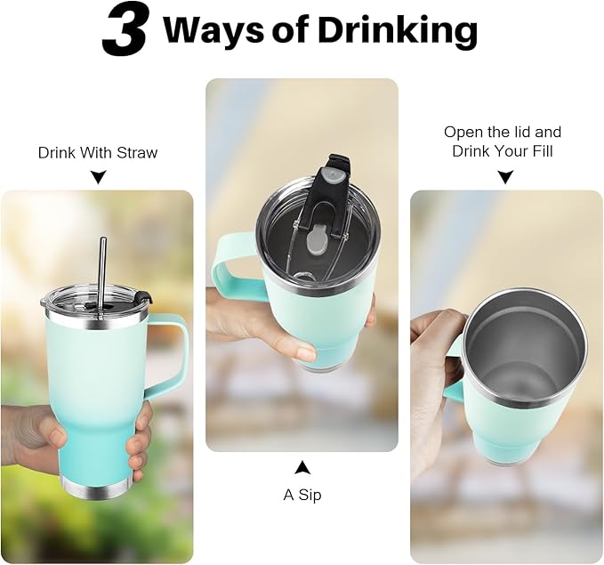 20 oz Tumbler with Handle, Stainless Steel Insulated Tumbler with Lid and Straw, Double Wall Vacuum Coffee Mug Tumbler, Insulated Coffee Thermal Cup for Cold and Hot (Mint Light Green, 20 Ounces)
