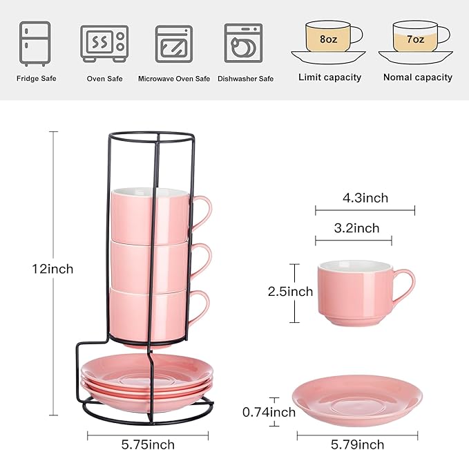 YOLIFE 8oz Porcelain Stackable Cappuccino Cups with Saucers and Metal Stand Set of 4, Coffee cups for Espresso, Specialty Coffee Drinks, Latte, Americano and Tea - Pink