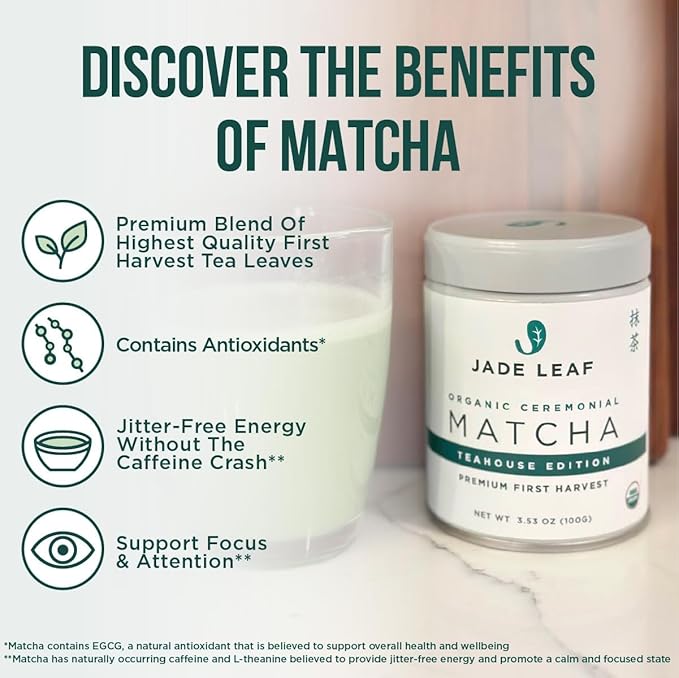 Jade Leaf Matcha Organic Premium Ceremonial Grade Matcha Green Tea Powder - Japanese - Culinary, Ingredient, Ceremonial Barista Teahouse, Latte, Collagen, 1.06 Ounce (Pack of 1), Ceremonial Barista