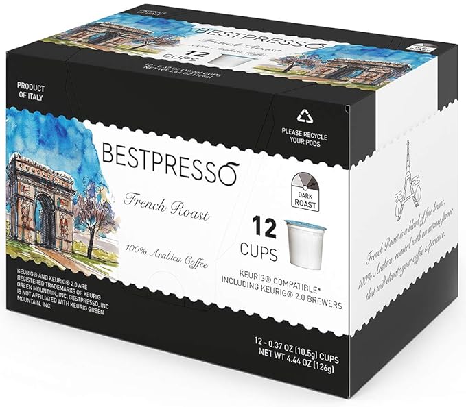 Bestpresso Coffee, French Roast Single Serve K-Cup Pods, Dark Roast, 96 Count (Compatible With 2.0 Keurig Brewers) 8 Packs Of 12 Cups