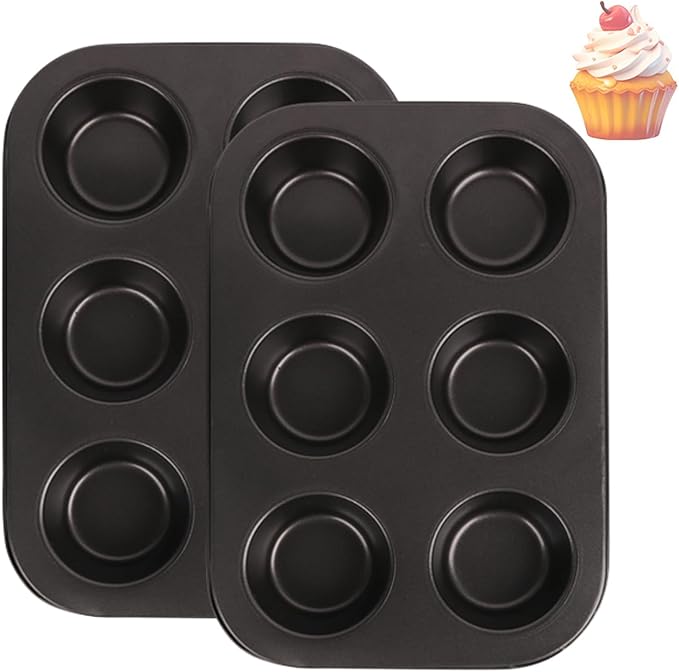 2 Packs Nonstick Round Muffin Baking Pan Tin, 6-Cup Muffin Tin, Cupcake Pans, Cheesecake Pans, Carbon Steel, Black