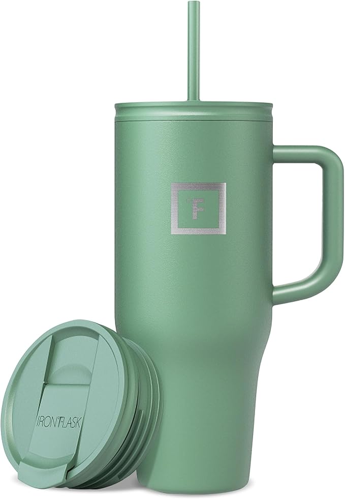 IRON °FLASK Co-Pilot Insulated Mug w/Straw & Flip Cap Lids - Cup Holder Bottle for Hot, Cold Drink - Leak-Proof - Water, Coffee Portable Travel Mug - Sage, 32 Oz
