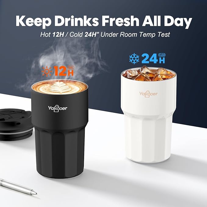 16 oz Coffee Insulated Tumbler with Lid and Flip Straw, Leak-Proof Food Grade 304 Stainless Steel Travel Coffee Mug, Double Wall Vacuum Cup for Hot and Cold Drinks (Off-White)