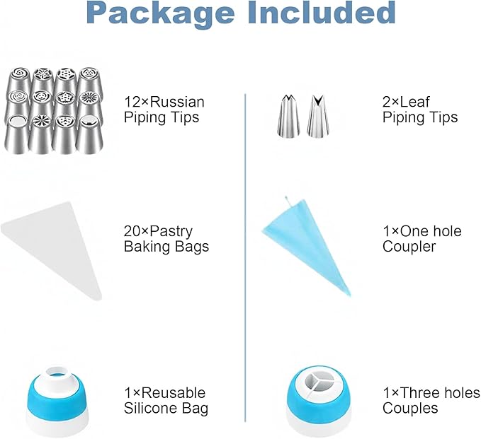 Russian Piping Tips Set – 12 Flower Frosting Nozzles, 2 Leaf Piping Tips, 2 Couplers, 20 Pastry Bags & 1 Reusable Bag – Large & Mini Russian Piping Tips for Cake Decorating, Cupcakes, Cookies