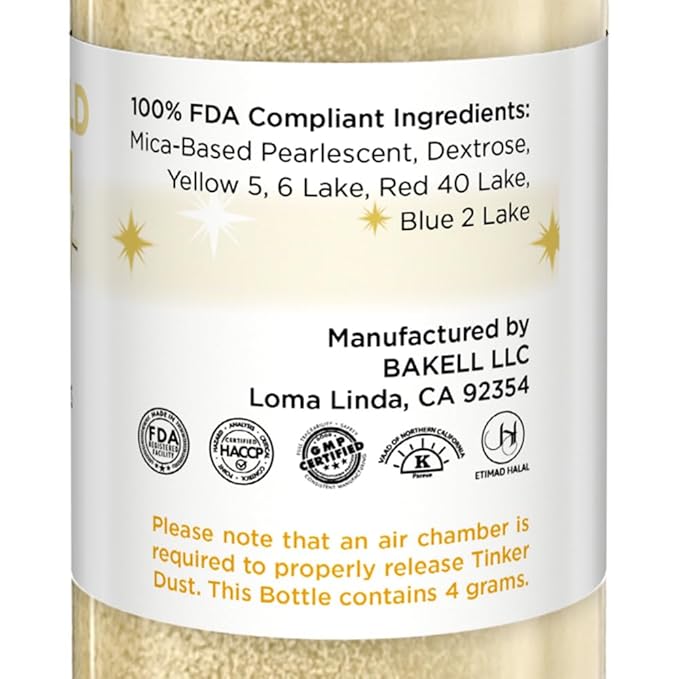 Bakell - Champagne Gold Tinker Dust Edible GLitter (4g, 1x Mini Spray Pump) for Food, Desserts, and Beverages!