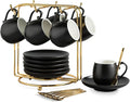 LYEOBOH Espresso Cups and Saucers Set, Ceramic Coffee Cup 3 Ounces Small Demitasse Cups Espresso Mugs with Spoons & Metal Stand for Cappuccino, Latte, Tea, Set of 6, Black