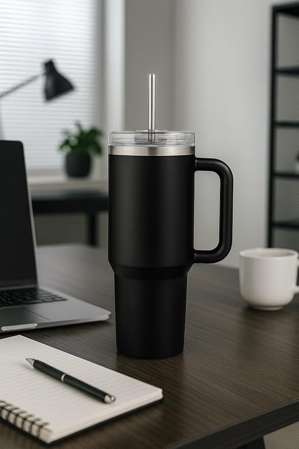 40oz Stainless Steel Tumbler with Handle & Metal Straw – Insulated Double Wall Travel Mug with Lid, Large Coffee Cup for Hot & Cold Drinks, Fits Car Cup Holders