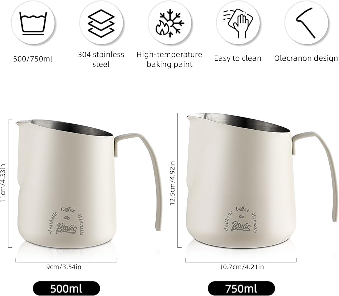 Milk Frothing Pitcher 750ML - Espresso Steaming Pitcher with Large Handle and Scale,Stainless Steel Milk Frothing Cup for Cappuccino, Latte Art,Coffee Machine Accessories (White)
