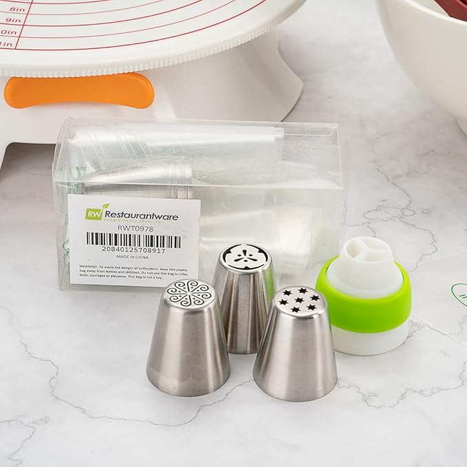Restaurantware Pastry Tek Russian Piping Tips Set 17 Piece Durable Cake Decorating Kit - 6 Piping Tips 10 Piping Bags Stainless Steel Piping Bags And Tips Set 1 Tri-Color Coupler
