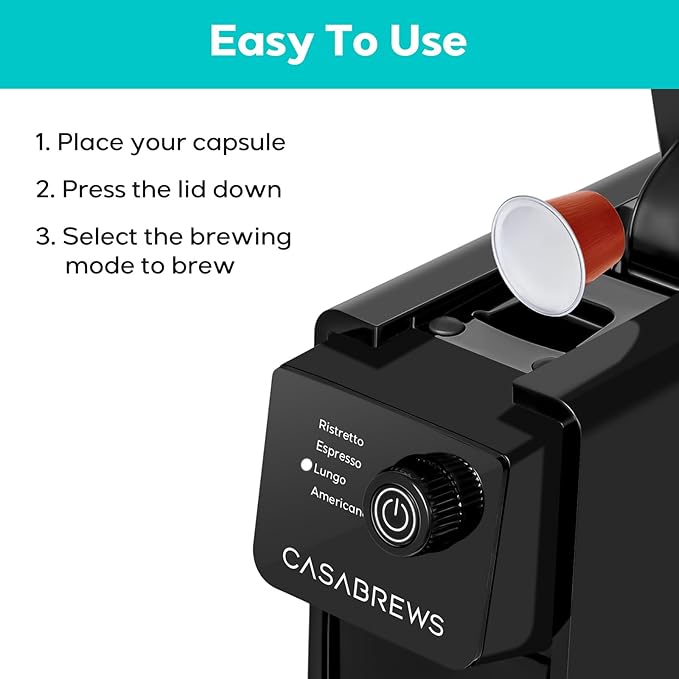 CASABREWS CM7036E Espresso Machine for Nespresso Original Pods, 20 Bar Compact Capsule Coffee Machine with 21 oz Removable Water Tank and 4 Brewing Modes, Mini Espresso Maker for Home or Office, Black