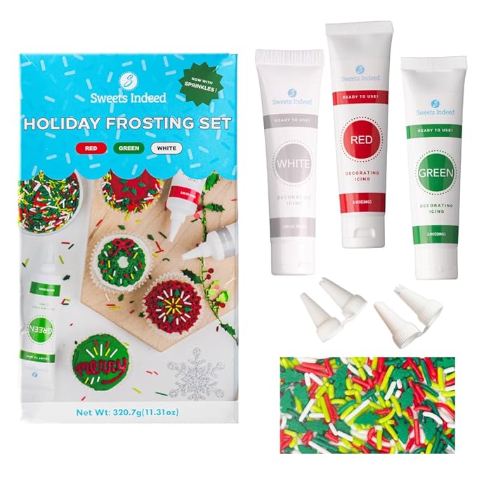 Sweets Indeed Frosting Kit plus Sprinkles Frosting Tubes nozzles 11.71 ounces Perfect for baking and cookie decoarting (Christmas)