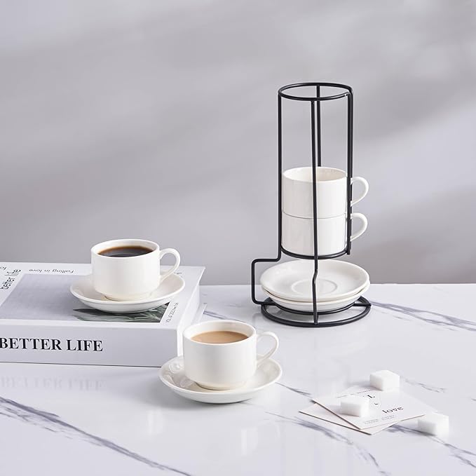 YOLIFE 2.5oz Porcelain Stackable Espresso Cups with Saucers and Metal Stand Set of 4, Stackable Cappuccino Cups, White Expresso Shots Cup Set for Coffee Drinks, Latte, Tea