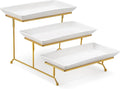 MALACASA 3 Tier Serving Trays for Party, 12 Inch Porcelain White Trays for Serving Food, Dessert Stand with Collapsible Gold Metal Rack