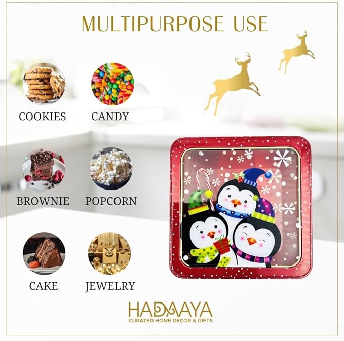 Metal Christmas Cookie Tin With Clear Lid- Square Multipurpose Storage Container For Cookies, Candy, Brownies, Snacks & More- Holiday Party Gift Box With Red Snowflake Penguin Design