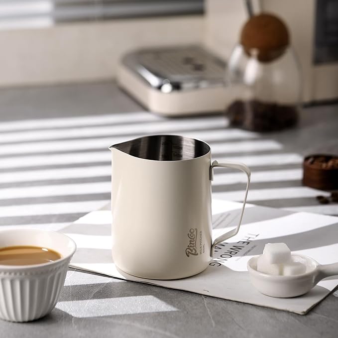 Milk Frothing Pitcher - 350ml/12oz Milk Frother Cup Espresso Steaming Pitcher for Barista, Bincoo SUS304 Stainless Steel Espresso Steaming Pitchers for Latte Art/Cappuccino/Coffee (Black-350ml)