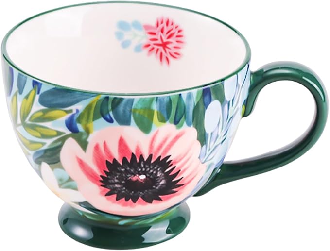 Vintage Flower Mugs – Large Ceramic Coffee Mug (15oz) – Cute Cereal Cup for Breakfast, Oatmeal Tea & Hot Drinks – Handmade Ceramic Cup with Floral Design