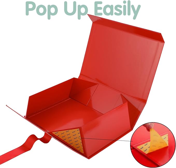 HAPPY POTATO Large Christmas Gift Box with Lid and Ribbon 13.5x9x4.1 Inches, Bridesmaid Proposal Box, Red Gift Box for presents (Glossy Red)