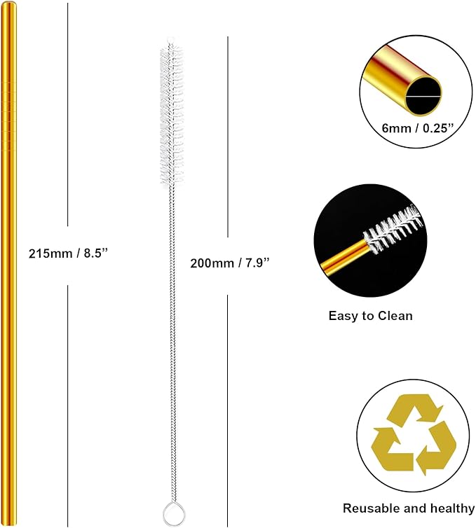 Stainless Steel Straws Metal Reusable Drinking Straw for Juice Iced Coffee Cold Beverage Water Highball Glasses 20oz Tumblers Mugs Cups, 0.24" 6mm Wide 215mm Long, Set of 8 with Brush, Gold