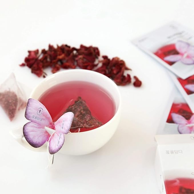 KKOKDAM Korean Tea Gift Set Sampler – 3 Flavor Pink Butterfly Tea Bag Sampler – Elegant Box for Tea Lovers - Perfect as Korean Gifts for Women
