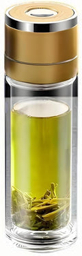 Glass Water Bottle Fits in Car Cup Holder, 14 oz Double Wall Borosilicate Glass Tea Infuser Bottle, One Handed One Key Lid Opening, for Car, Home, Office