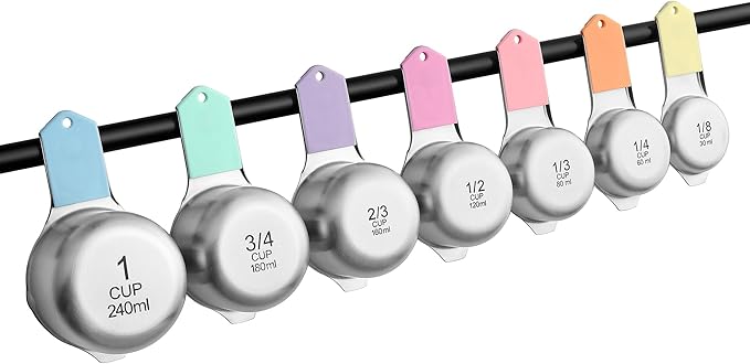 Spring Chef Magnetic Stainless Steel Measuring Cups (Patent Pending), Kitchen Tools with Easy to Read Markings for Measuring Dry or Liquid Ingredients, Set of 7, Pastel