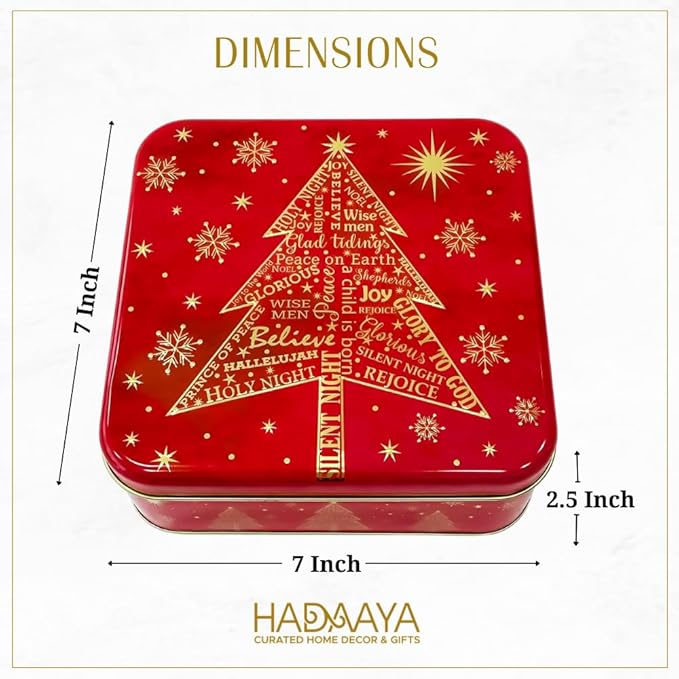 Pack of 2 Square Metal Christmas Cookie Tin Set, Red & Gold, Multipurpose Gift Tins, Durable Storage Solution for Cakes, Candies & More