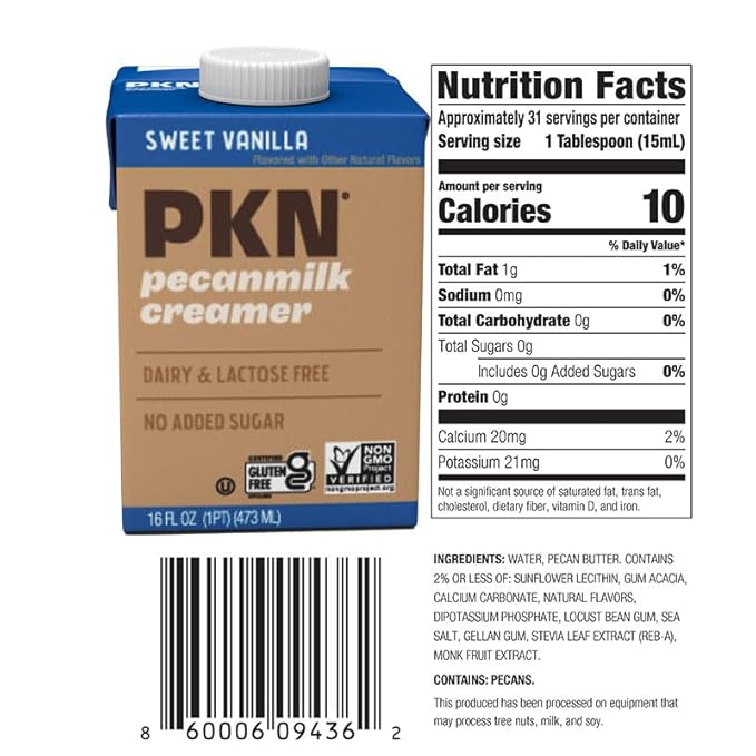 PKN Sweet Vanilla Pecan Milk Creamer, Plant-Based, Vegan, Dairy-Free, No Gums or Oils, Keto-Friendly, Barista-Approved, Shelf-Stable, 16oz Six-Pack