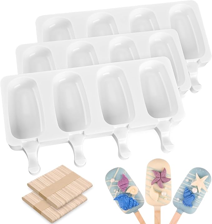 Sakolla Small Popsicle Silicone Molds, 4 Cavities Homemade Ice Cream Molds with 100 Wooden Sticks for Ice Pop, Cakesicles, Cake Pop (Set of 3, White)