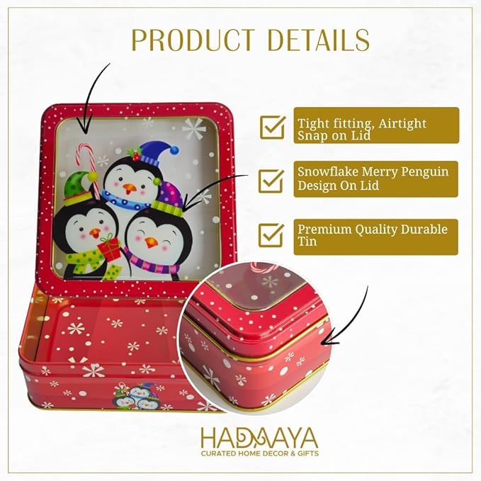 Metal Christmas Cookie Tin With Clear Lid- Square Multipurpose Storage Container For Cookies, Candy, Brownies, Snacks & More- Holiday Party Gift Box With Red Snowflake Penguin Design