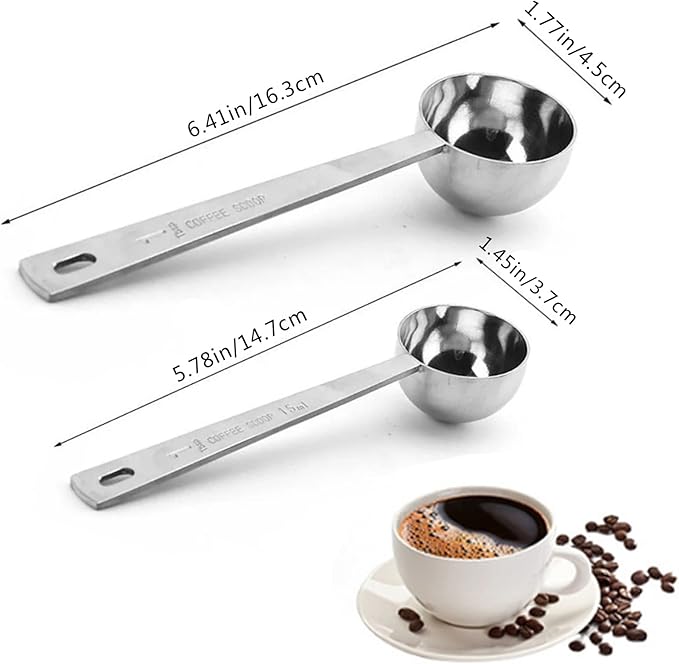 2 Pack Coffee Scoop, Tablespoon measure spoon contains 1 tablespoon (15ml) and 2 tablespoons (30ml), Stainless steel long handle coffee spoon silver