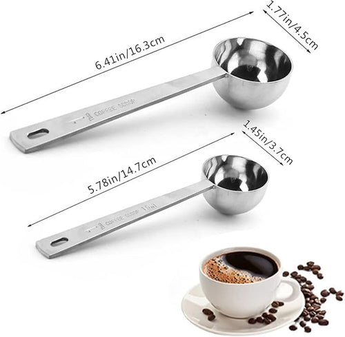 2 Pack Coffee Scoop, Tablespoon measure spoon contains 1 tablespoon (15ml) and 2 tablespoons (30ml), Stainless steel long handle coffee spoon silver
