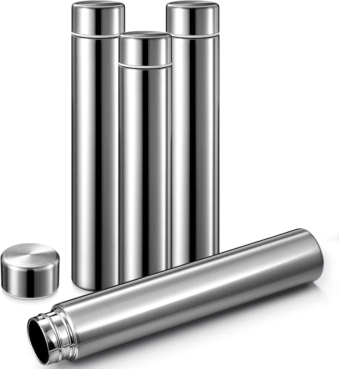 Vesici Slim Water Bottle 8.8 oz Small Stainless Steel Purse Compact Insulated Water Bottles Camping Travel Backpack Pocket Flask for Car Cold Coffee Tea(Silver,4 Pack)