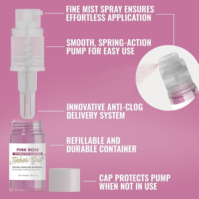 Bakell - Pink Rose Tinker Dust (4g, 1x Mini Spray Pump) Edible Glitter for Food, Desserts, and Beverages!