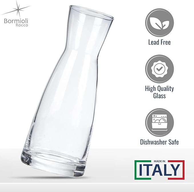 Bormioli Rocco Ypsilon Glass Carafe Set with Cork Tops, Set of 2-18.5 oz Contemporary Juice Containers & Drink Dispensers for Wine, Water, Milk - Dishwasher Safe Bar Glassware for Entertainment