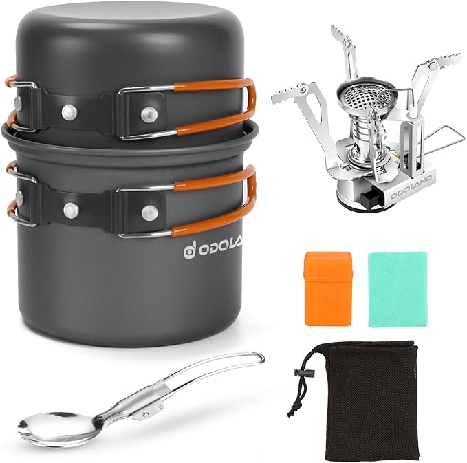 Odoland 6pcs Camping Cookware Mess Kit with Lightweight Pot, Stove, Spork and Carry Mesh Bag, Great for Backpacking Outdoor Camping Hiking and Picnic