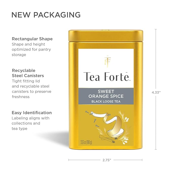 Tea Forte Sweet Orange Spice Premium Loose Leaf Caffeinated Black Tea Blend Canister, Makes 35-50 Cups