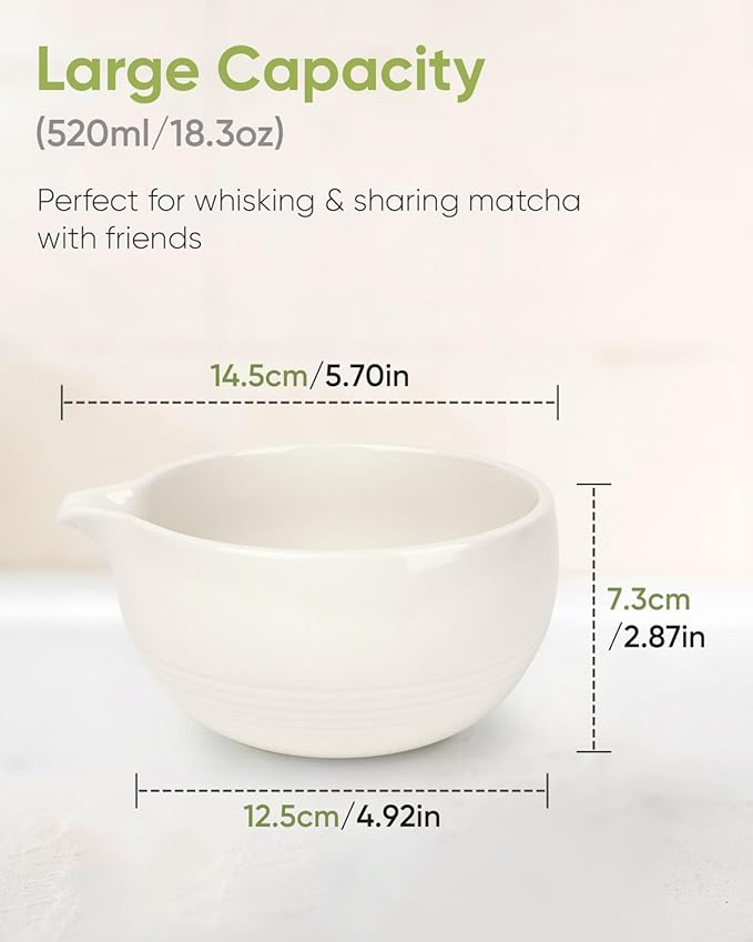Traditional Matcha Bowl with Spout, Ceramic Matcha Tea Bowl (Chawan), Matcha Mixing Bowl for Whisking Matcha, Ivory White (18 Ounce)