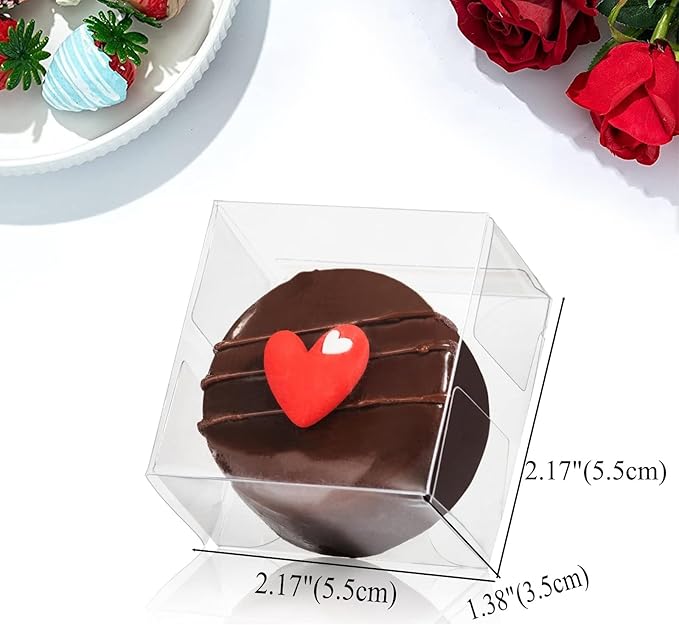 RomanticBaking 100pcs 2.17" × 2.17" × 1.38" Inch Chocolate Covered Mini Cookies Boxes Strawberry Macaron Boxes Clear Bakery Boxes for Gumballs, Pretzel,Browine,Malt Balls,Wedding Favors Party Boxes