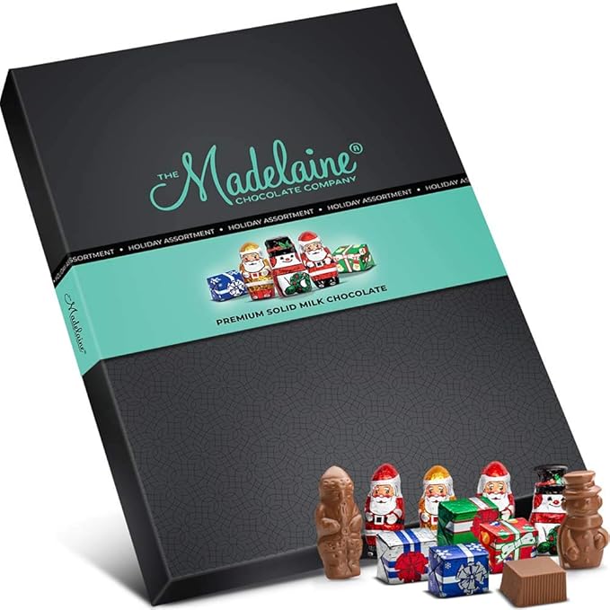 Premium Madelaine Chocolate Gift Box - 45 Assorted Pieces - Rich & Creamy Solid Milk Chocolates - Best Corporate Holiday Gift - Great for Teachers & Coaches - Whimsical Holiday Themed Foil Wrappers