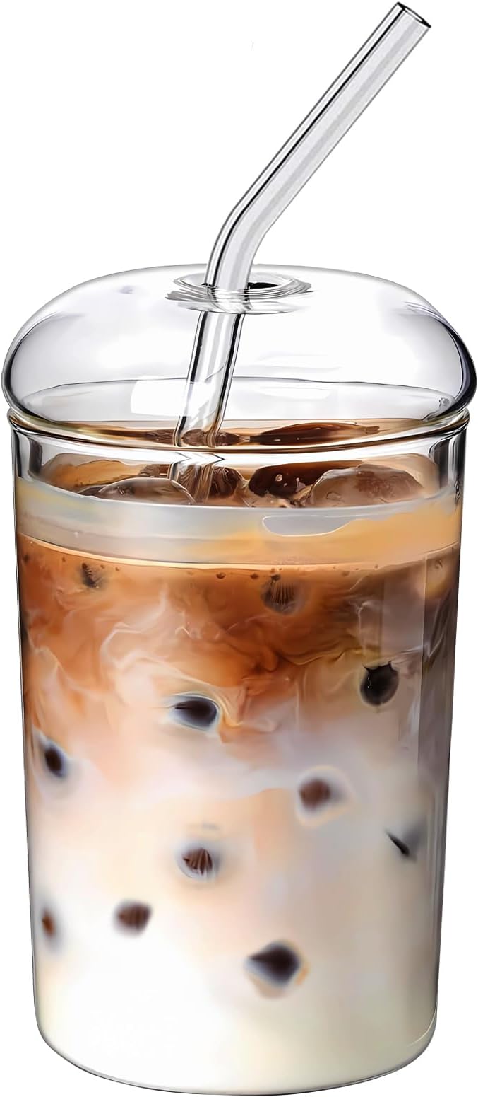 16oz Glass Cup with Glass Lid & Straw - Drinking Glasses for Iced Coffee, Bubble Tea, Matcha, Smoothie, Soda, Water - BPA-Free Glassware with Cleaning Brush, Dishwasher Safe