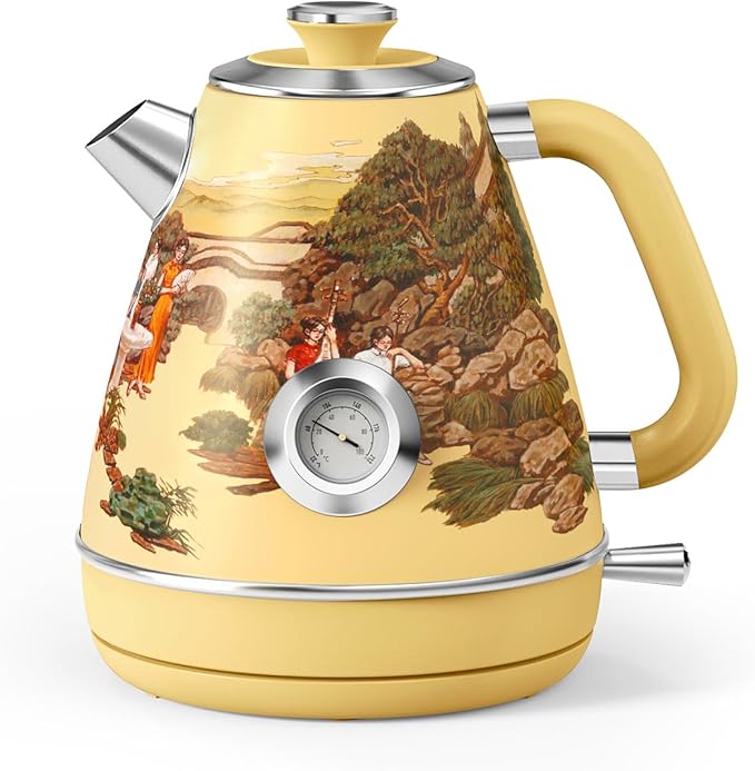 Hazel Quinn Retro Electric Kettle - 1.7 Liters / 57.5 Ounces Tea Kettle with Thermometer, All Stainless Steel, 1200 Watts Fast Boiling, BPA-free, Cordless, Automatic Shut Off - Garden Scenery