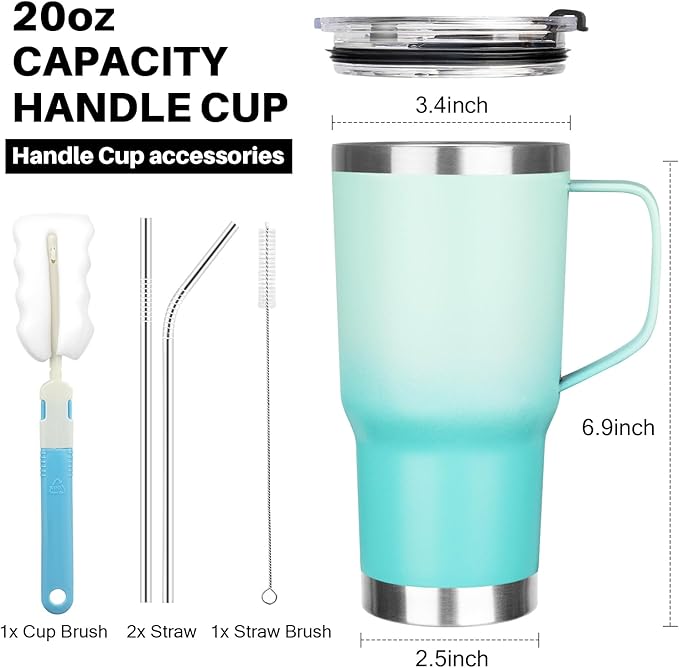 20 oz Tumbler with Handle, Stainless Steel Insulated Tumbler with Lid and Straw, Double Wall Vacuum Coffee Mug Tumbler, Insulated Coffee Thermal Cup for Cold and Hot (Mint Light Green, 20 Ounces)