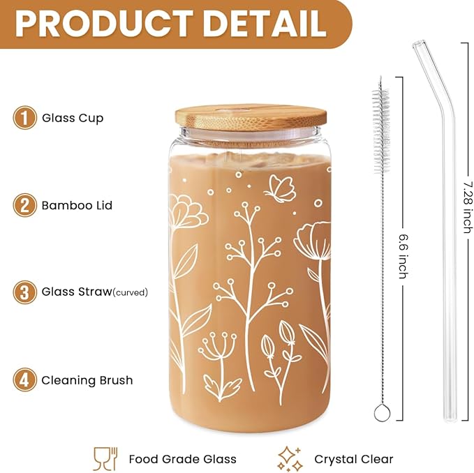 Floral Cup 16 Oz Can Glass with Bamboo Lid and Straw - Flower Glass Cup Gifts for Women - Wildflower Drinking Coffee Gifts