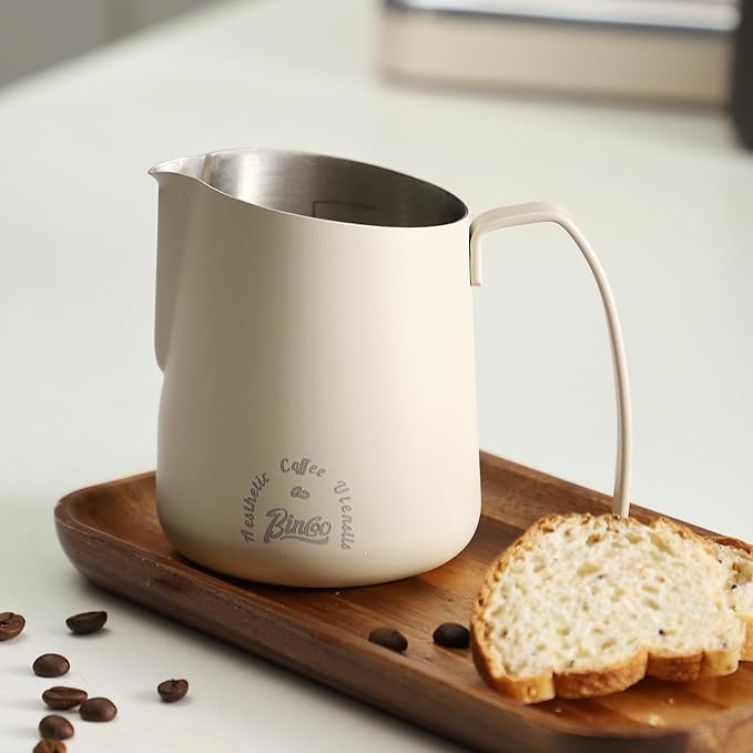 Milk Frothing Pitcher 500ML - Espresso Steaming Pitcher with Large Handle and Scale,Stainless Steel Milk Frothing Cup for Cappuccino, Latte Art,Coffee Machine Accessories (White)