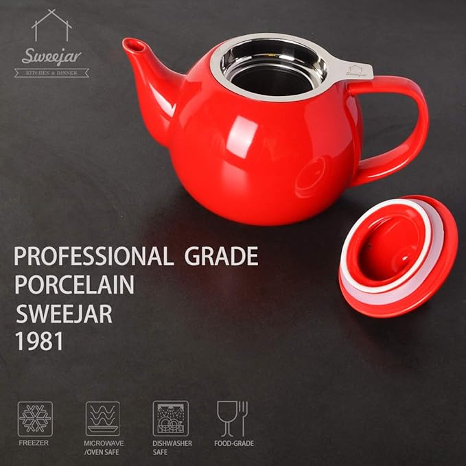 Sweejar Porcelain Teapot with Removable Stainless Steel Infuser,Microwave & Dishwasher Safe Tea Pots for Loose Tea,Tea Infuser Pots for Chrismas Women Gift (30oz Red)