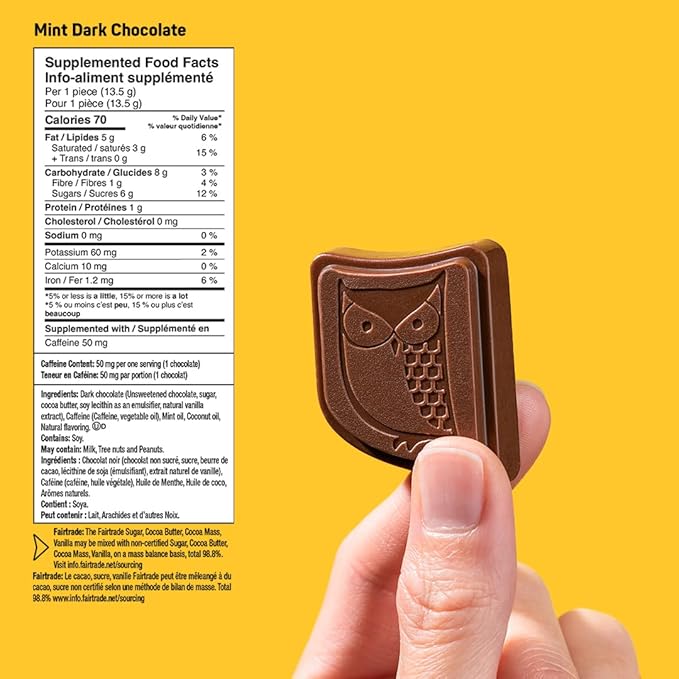 AWAKE - Caffeinated Chocolate Bites - Mint Dark Chocolate, 50 Bites - 50mg Caffeine - Individually Wrapped Energy Bites - Coffee Alternative - Fairtrade, Gluten Free, Non GMO - 0.48oz