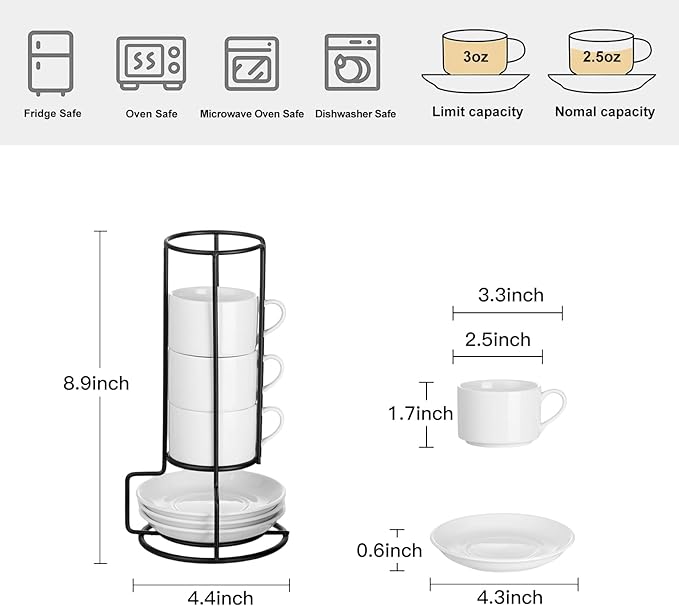 2.5oz Porcelain Stackable Espresso Cups with Saucers and Metal Stand Set of 4, Stackable Cappuccino Cups, White Expresso Shots Cup Set for Coffee Drinks, Latte, Tea