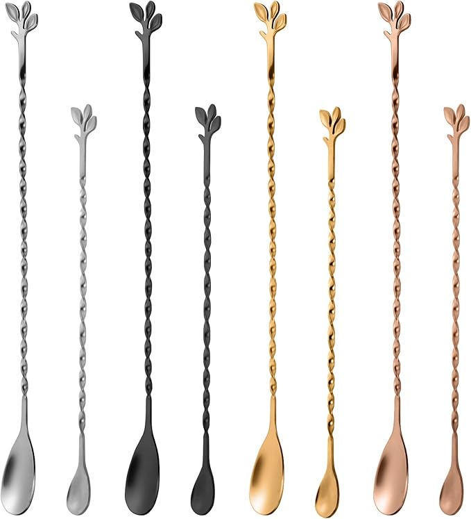 AnSaw Gold 12-Inch Stainless Steel Cocktail Spoon with Leaf Handle - Perfect for Mixing & Layering Drinks in Tall Cups, Bar & Shakers - Durable Long Handle Bar Stirrer,2-Pieces