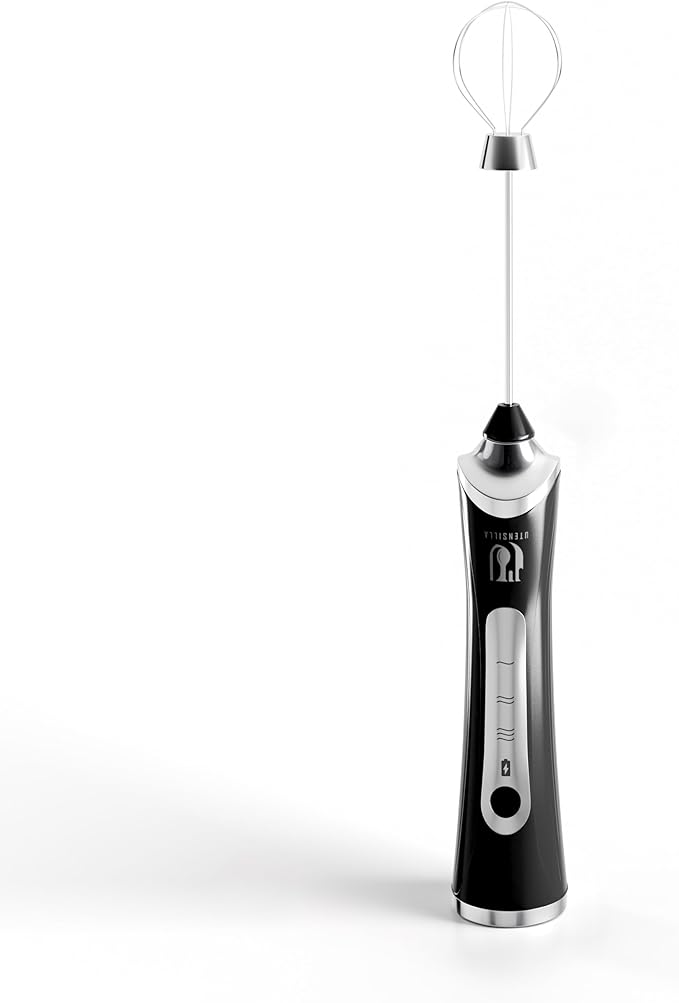 Rechargeable Handheld Milk Frother - Electric Foam Maker - Portable Coffee Frother Wand with 2 Heads - Stainless Steel Electric Whisk for Coffee, Latte, Cappuccino, Macchiato, Hot Chocolate (Black)