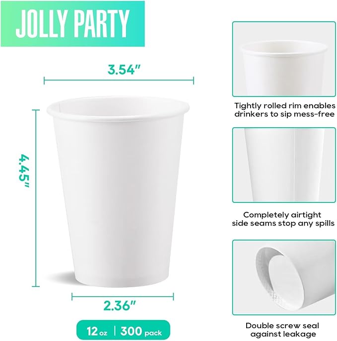 JOLLY PARTY 300 Pack 12 oz Disposable Paper Coffee Cup, Hot/Cold Beverage Drinking Cups for Water, White Paper Hot Coffee Cups